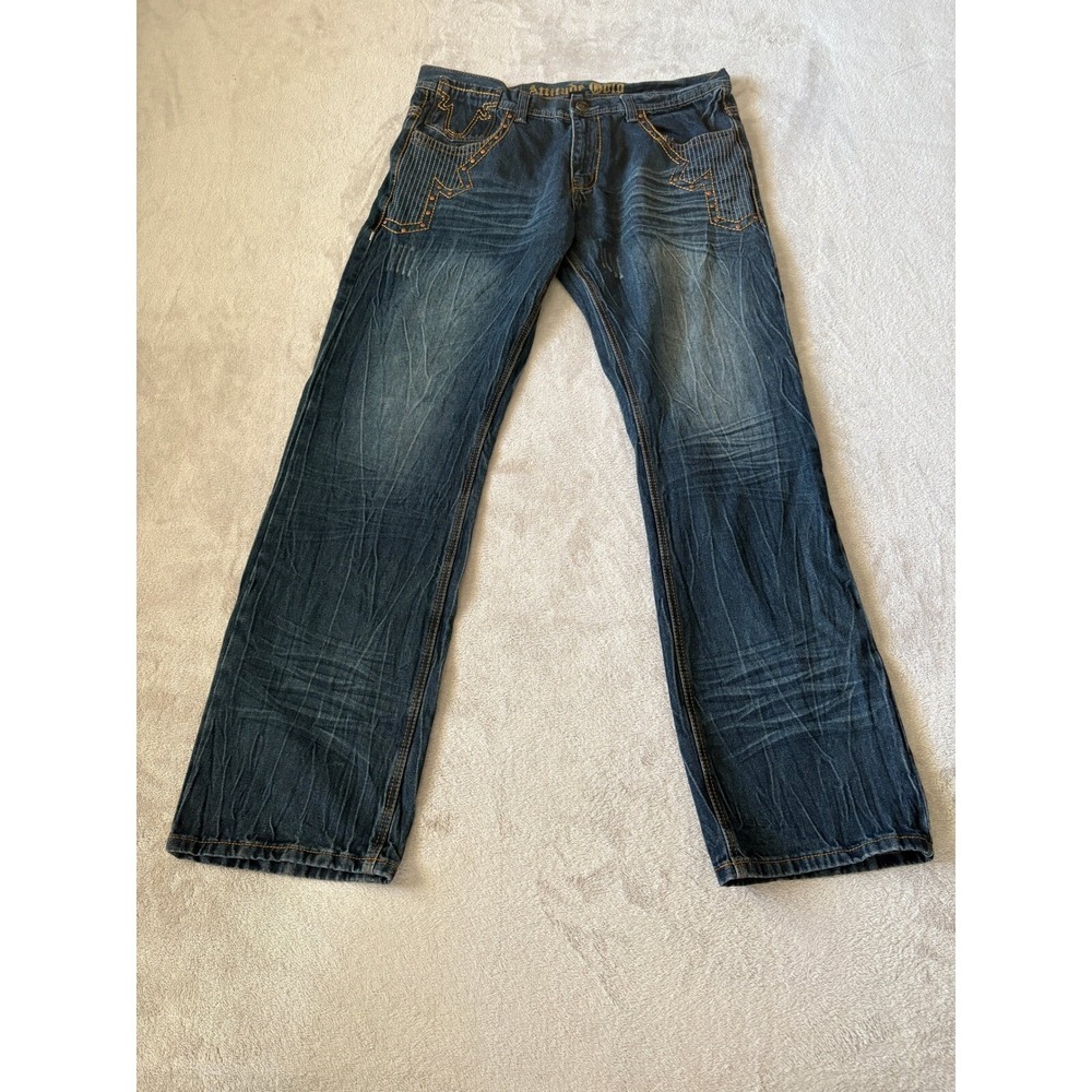Attitude Gold Denim Jeans Embellished‎ Pockets Relaxed Fit Blue Mens 40x34